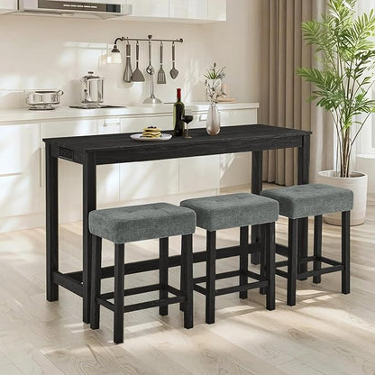 LKTART Kitchen Bar Table and Chairs Set, 4 Piece Bar Height Dining Table Set with Power Outlet and 3 Upholstered Stools Industrial Breakfast Nook, Small Space Living Room, Black