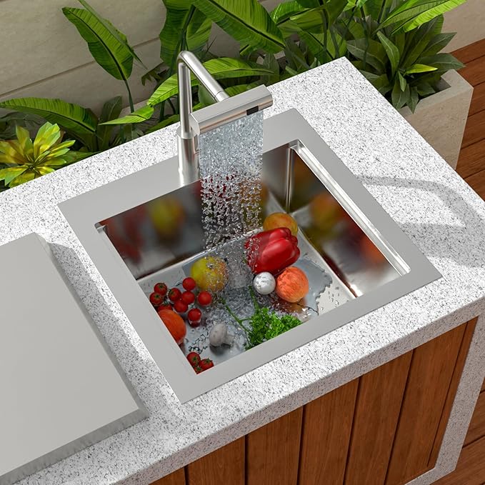Sarlai Outdoor Sink - 21 x 20 Inch Drop In Workstation Kitchen Sink with Dust Lid and Faucet 16 Gauge Stainless Steel Single Bowl Bar Basin with Cutting Board BBQ Basin Outside