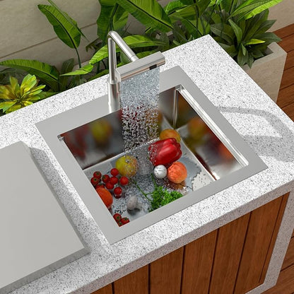 Sarlai Outdoor Sink - 21 x 20 Inch Drop In Workstation Kitchen Sink with Dust Lid and Faucet 16 Gauge Stainless Steel Single Bowl Bar Basin with Cutting Board BBQ Basin Outside