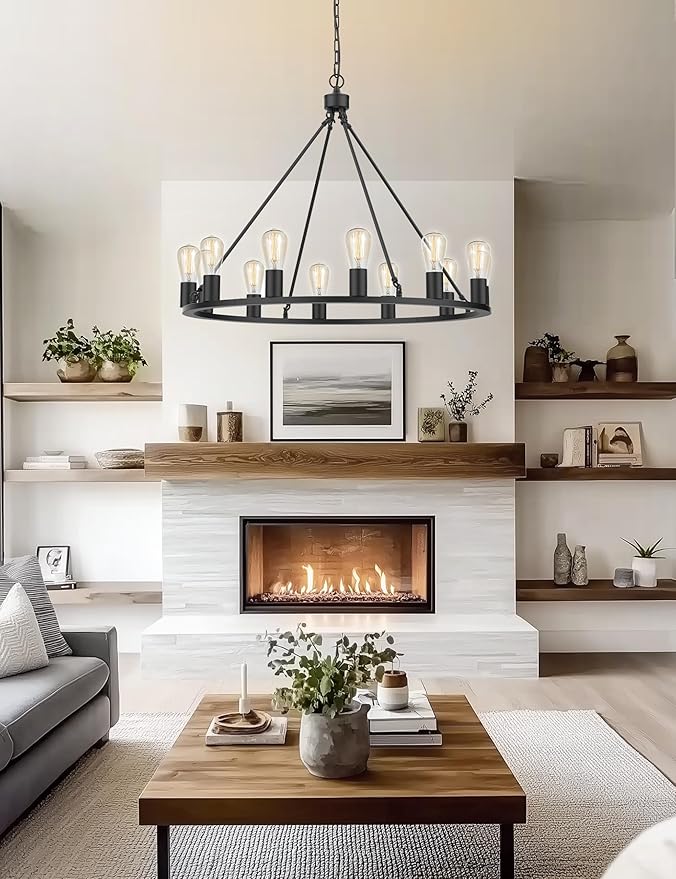 L LOHAS LED Black Farmhouse Chandeliers for Dining Room, 12-Light Wagon Wheel Chandelier Over Table, Height Adjustable, 32" Dining Room Light Fixture, Modern Chandelier for Kitchen Island Living Room