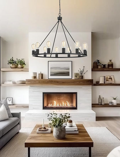 L LOHAS LED Black Farmhouse Chandeliers for Dining Room, 12-Light Wagon Wheel Chandelier Over Table, Height Adjustable, 32" Dining Room Light Fixture, Modern Chandelier for Kitchen Island Living Room
