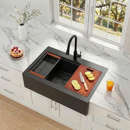33 Inch Farmhouse Sink Black, 16 Gauge 304 Stainless Steel Farm Sinks, Drop In Topmount Single Bowl Workstation Sink with all Accessories, 33" x 22" x 10" Deep Kitchen Sink