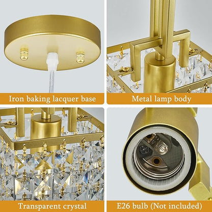 Modern Crystal Pendant Light Kitchen Island Farmhouse Lamp Adjustable Height Hanging Lighting Square Gold Chandelier Suitable for Kitchen Island Dining Room and Bedroom(2Pack)