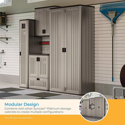 Suncast 31 Cubic Feet Mega Tall Storage Cabinet with 3 Adjustable Shelves, Platinum Metallic & Slate – Garage or Basement Utility Resin Organizer with 75 Pound Capacity Per Shelf and Lockable Doors