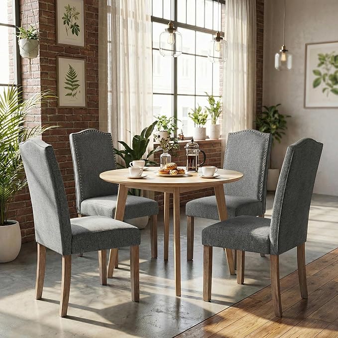 Upholstered Dining Chair Modern Stylish Parsons Kitchen Diner High Back with Silver Nailhead Trim & Wood Legs, Set of 4, Fabric Classic Grey