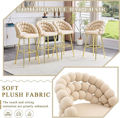 Set of 2 Beige Puffy Bubble Chair Ball Chain Chair Velvet Bar Stools with Gold Legs, Tufted Accent Bar Chairs for Kitchen Island Home Bar