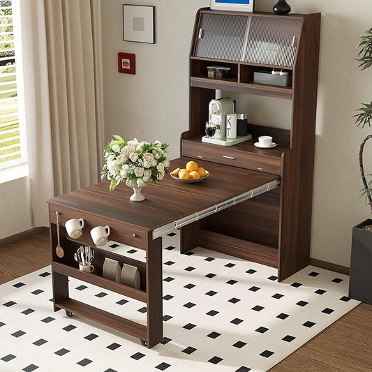 Compact Buffet with Hutch and Foldable Dining Table, Multifunctional Cupboard with Storage Shelf and Side Hooks, 2-in-1 Buffet for Small Places, Studio, Apartment (Walnut-9c)