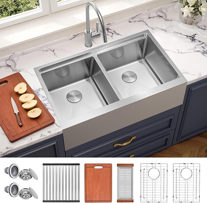 MILOSEN Farmhouse Kitchen Sink, 36''x22'' Drop-in/Undermount Double Bowl Workstation Apron Front Sink with Accessories, 50/50 Topmount Stainless Steel Farm Sinks, 10'' Large and Deep Handmade Sinks