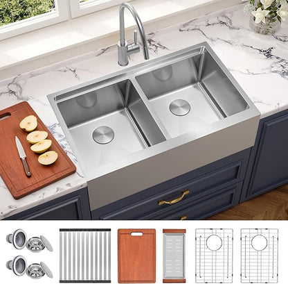 MILOSEN Farmhouse Kitchen Sink, 36''x22'' Drop-in/Undermount Double Bowl Workstation Apron Front Sink with Accessories, 50/50 Topmount Stainless Steel Farm Sinks, 10'' Large and Deep Handmade Sinks