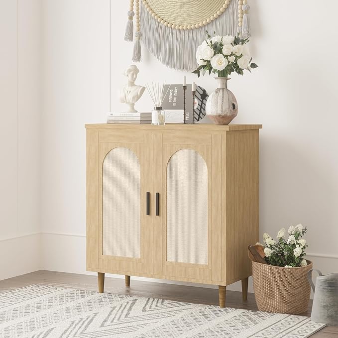 GarveeHome Sideboard Buffet Kitchen Storage Cabinet with Rattan, Solid Wood Feet for Living Room, Hallway, Entryway, Cabinet with Ample Storage Space (Natural, 2 pcs)