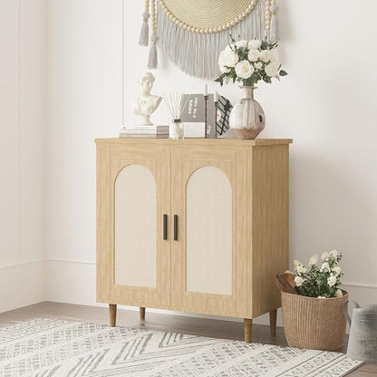 GarveeHome Sideboard Buffet Kitchen Storage Cabinet with Rattan, Solid Wood Feet for Living Room, Hallway, Entryway, Cabinet with Ample Storage Space(1PCS)