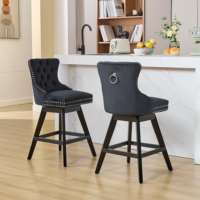 DONICK Velvet Swivel Counter Height Bar Stools,Modern Upholstered Bar Chairs Nailhead Backrest Pull Ring Solid Wood for Bar,Kitchen Island,Pub,Dining Room,Cafe(Black,Set of 4)