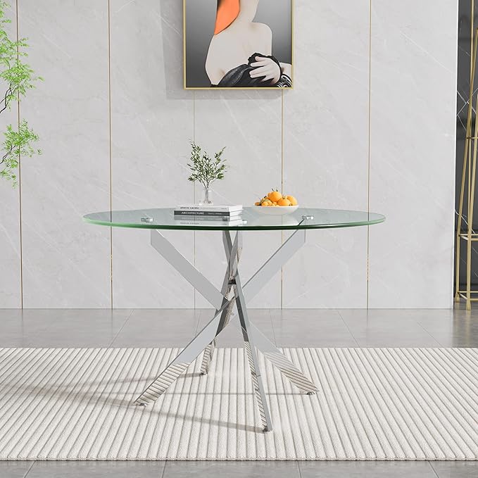 47.25" Round Dining Table for 6, Modern Clear Glass Kitchen Table for 6 with Silver X Metal Legs, Contemporary Small Circle Dining Room Leisure Tables for Kitchen Apartment