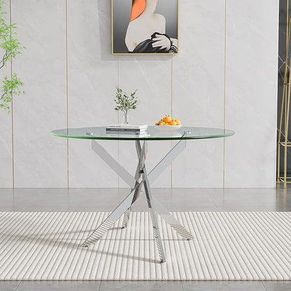 47.25" Round Dining Table for 6, Modern Clear Glass Kitchen Table for 6 with Silver X Metal Legs, Contemporary Small Circle Dining Room Leisure Tables for Kitchen Apartment