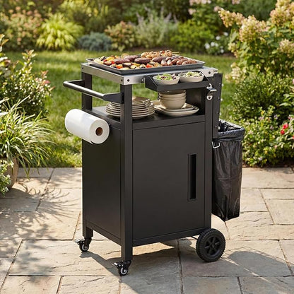 JIJIWANG 33.9" Outdoor Kitchen Island with Stainless Steel Top and Drop Leaf, Rolling Kitchen Cart on Wheels with Storage Cabinet and Spice & Paper Rack for BBQ Waterp, Black