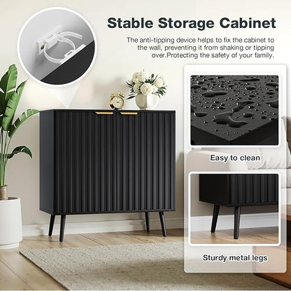 Vrullu Modern Storage Cabinet, Black Sideboard and Buffet Storage, Wood Accent Cabinet for Living Room, Hallway, Entryway, Dining Room (1, Black+Gold)