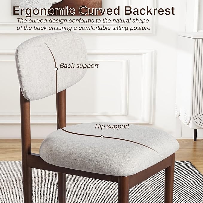 Casaphoria Upholstered Dining Chairs Set of 2, Mid-Century Modern Kitchen Chairs with Solid Wood Legs & Thick Cushion, Ergonomic Fabric Accent Chairs for Dining Room, Vanity & Office, Gray and Walnut