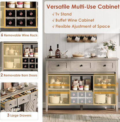 CABIHOME Farmhouse 47.2'' Buffet Cabinet with Sliding Barn Door, 33.4'' Tall Rustic Sideboard with 3 Drawer, Adjustable Shelf and Removable Wine Rack for Dining Room, Kitchen, Living Room, Vintage