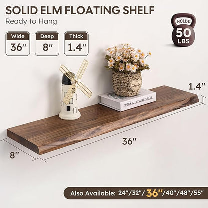 Live Edge Floating Shelves Set of 2, 36 Inch Solid Elm Wood Wall Shelves - Invisible Bracket Mount for Living Room, Bedroom, Kitchen, Bathroom | Vintage Rustic Decor