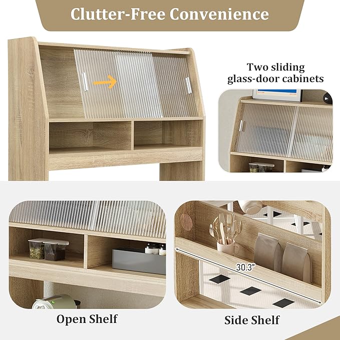 Compact Buffet with Hutch and Foldable Dining Table, Multifunctional Cupboard with Storage Shelf and Side Hooks, 2-in-1 Buffet for Small Places, Studio, Apartment