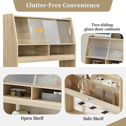 Compact Buffet with Hutch and Foldable Dining Table, Multifunctional Cupboard with Storage Shelf and Side Hooks, 2-in-1 Buffet for Small Places, Studio, Apartment