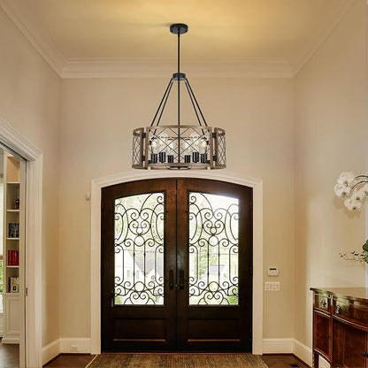 Sigaitwei 6-Light Large Farmhouse Chandelier Brown Rustic Chandelier for Dining Room Wood Texture Adjustable Pendant Light,Drum Chandelier for Kitchen Island Entryway Bedroom Hallway,21.7'',E26.