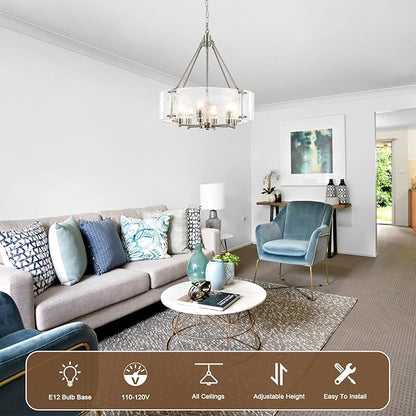 Modern Brushed Nickel Glass Chandelier for Dining Room,19.69 inch Textured Crystal Drum Farmhouse Chandelier Light Fixture for Dining Room Kitchen Island Living Room Bedroom Foyer