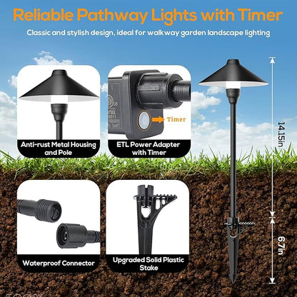 Low Voltage Pathway Lights with Timer, Plug in Landscape Path Lights 4H/6H/8H Timing, 3000K LED Landscape Lighting IP65 Waterproof ETL Listed, Set of 6 Lights Total 18W, Non-Hardwired