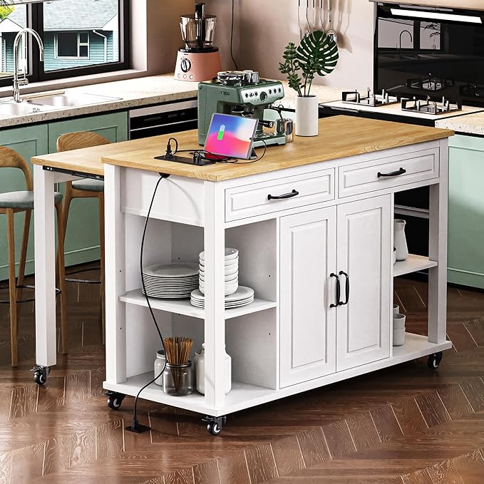 GOWE K&K 47 inch Kitchen Island with Extendable Dining Table, Rubber Wood Veneer Kitchen Table with Internal Storage Rack, Power Outlet, Kitchen Island with Storage 2 Drawers 2 Cabinet,White