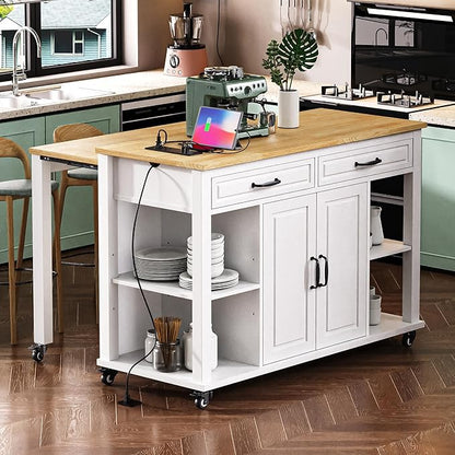 GOWE K&K 47 inch Kitchen Island with Extendable Dining Table, Rubber Wood Veneer Kitchen Table with Internal Storage Rack, Power Outlet, Kitchen Island with Storage 2 Drawers 2 Cabinet,White