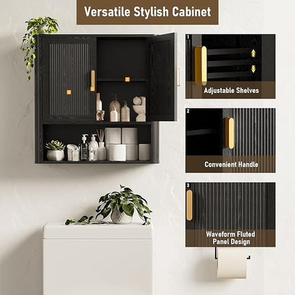 INNOD Bathroom Wall Cabinet, Wall-Mounted Medicine Cabinet with Adjustable Wood Shelf & Doors, Floating Bathroom Cabinet Over Toilet for Laundry Room & Kitchen & Living Room (Black)