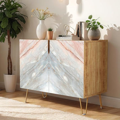SIGNWIN Sideboard Buffet Cabinet, Kitchen Storage Cabinet with 2 Doors, Red & Gray Granite Marble Pattern, Cupboard Console Table for Dining Room - 35" L x 18" W x 29" H