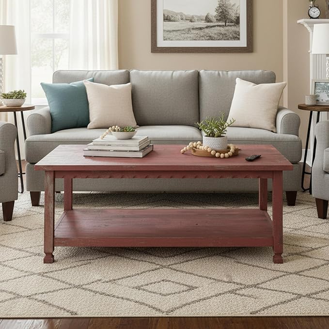 Rustic Rectangluar Coffee Table w/ 1 Shelf, Red Antique, Distressed Finish, Farmhouse Style, Accent Home Decor Living Room Furniture, Hardwoods (Pine/Acacia), Durable, 42 in. W x 24 in. D x 18 in. H