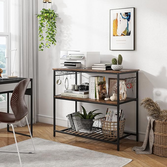 Giantex Kitchen Baker Rack with 3 Tier Storage Shelves, 10 Hooks, Glass Holder, 40" Stationary Island with Spacious Worktop, Industrial Kitchen Shelf, Metal Frame, Easy Assembly (Rustic Brown & Black)