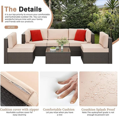 Shintenchi 6 Pieces Patio Furniture Sets Outdoor All-Weather Sectional Patio Sofa Set PE Rattan Manual Weaving Wicker Patio Conversation Set with Glass Table&Ottoman Cushion and Red Pillows, Beige