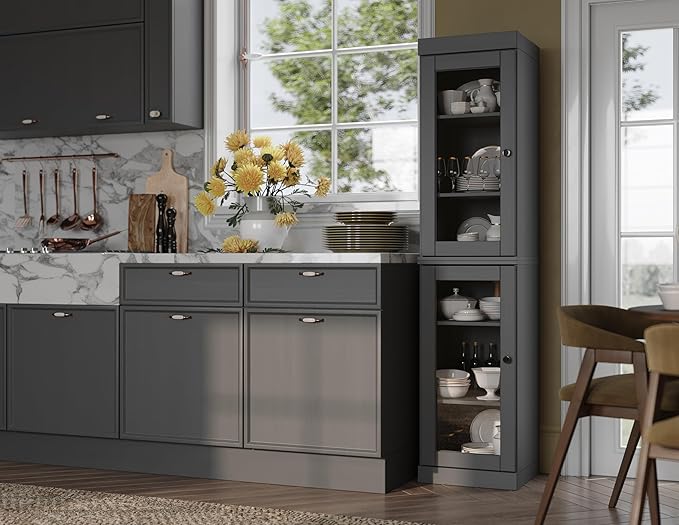 Palace Imports Solid Wood Kitchen Pantry Cabinet w/Glass Doors - Narrow Storage Cabinet - 16.5" Wide x 71.5" Tall - Gray, Adjustable Shelves, 100% Eco-Friendly Wood, Modular Cabinets