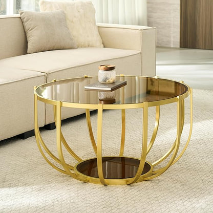 Saint Mossi 30" Glass Round Coffee Table for Living Room, Mid Century Modern 2-Tier Gold Drum Center Table, Brown Glass Top, Glass Shelf with Gold Finish Legs & Frame, W30xH16.5