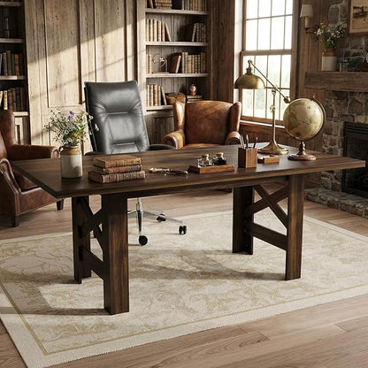 IDEALHOUSE 71" L Farmhouse Dining Table for 6-8, Rectangular Barn Wooden Kitchen Table with a Rock-Strong Thick Base, Triangular Legs, Long Dining Room Table for Office, Kitchen, Apartments, Walnut