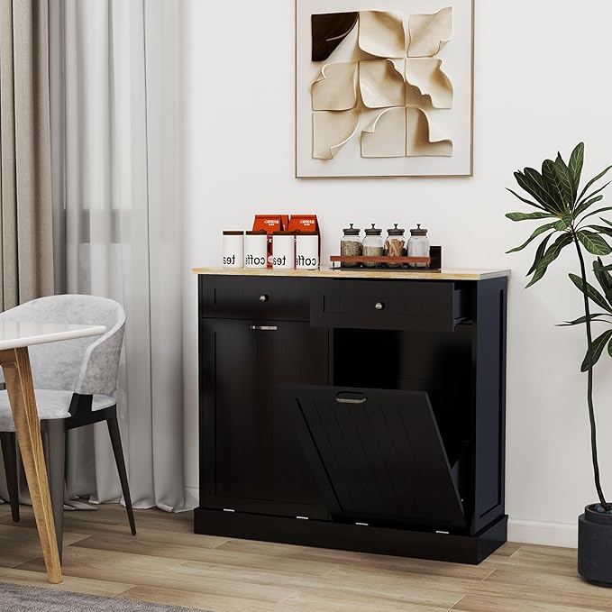 Ball & Cast Double Tilt Out Trash Cabinet with 2 Drawers Multifunctional 10 Gallons Hidden Garbage Can for Kitchen, Bathroom, Laundry and Living Room,Standing Laundry Sorter,Black