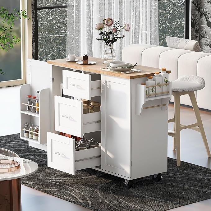 RUNNA Rolling Kitchen Island with Storage, White09, 3 Drawer, 2 Slide-Out Shelf, Internal Storage Rack, Kitchen Cart on Wheels with Spice Rack & Tower Rack