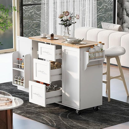 RUNNA Rolling Kitchen Island with Storage, White09, 3 Drawer, 2 Slide-Out Shelf, Internal Storage Rack, Kitchen Cart on Wheels with Spice Rack & Tower Rack