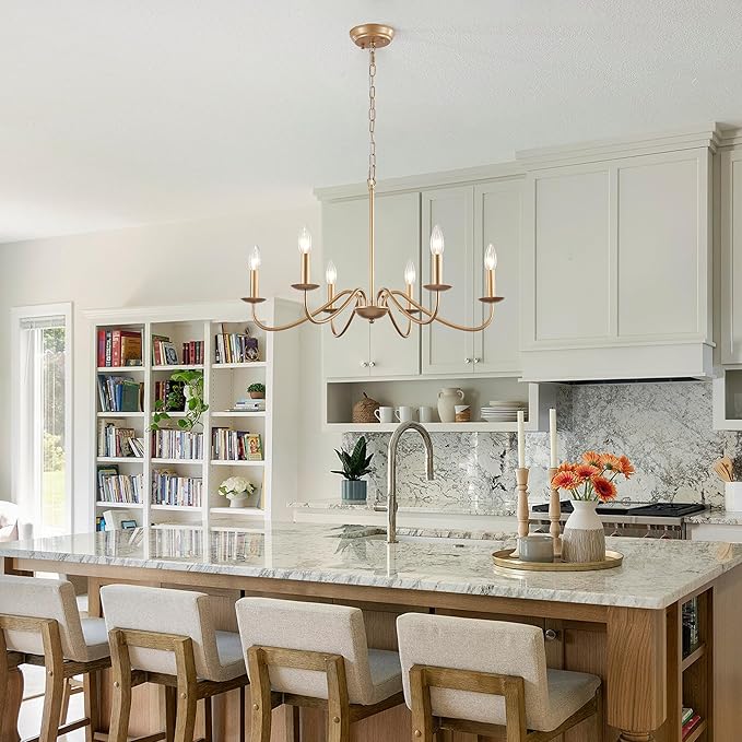 6-Light Gold Chandelier, 27.5'' Modern Farmhouse Dining Room Light Fixture Over Table, Rustic Vintage Candle Chandeliers Gold Hanging Lighting Fixtures for Foyer Entryway Living Room Bedroom Kitchen