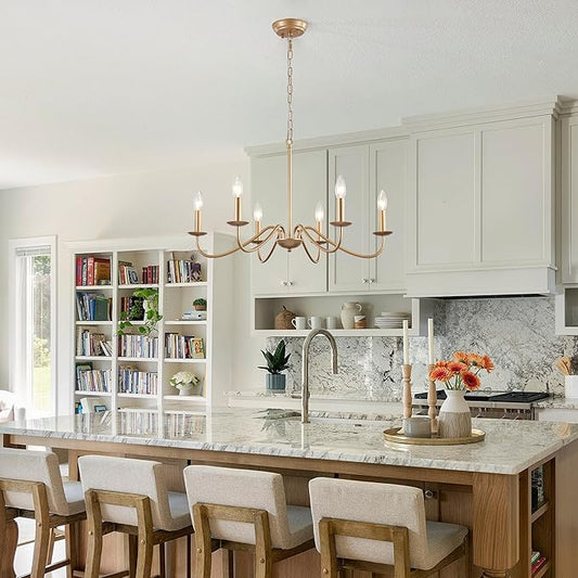 6-Light Gold Chandelier, 27.5'' Modern Farmhouse Dining Room Light Fixture Over Table, Rustic Vintage Candle Chandeliers Gold Hanging Lighting Fixtures for Foyer Entryway Living Room Bedroom Kitchen