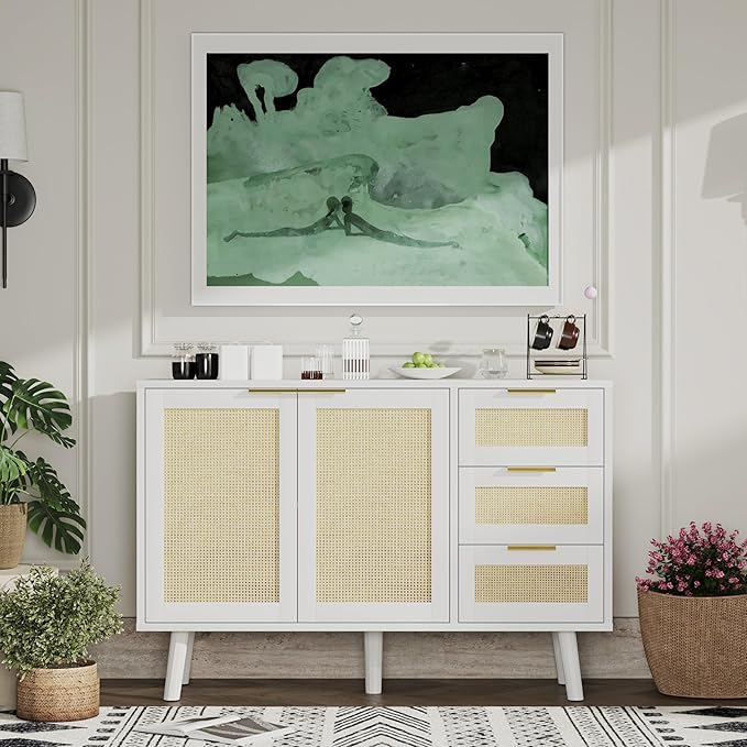 Gyger Rattan Kitchen Buffet Cabinet with 2 Doors 3 Shelves, Sideboard with Storage, Accent Cabinet for Kitchen, Dining Room, Hallway, Cupboard Console Table, White