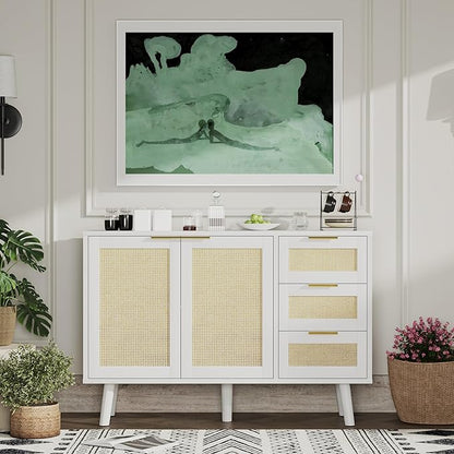 Gyger Rattan Kitchen Buffet Cabinet with 2 Doors 3 Shelves, Sideboard with Storage, Accent Cabinet for Kitchen, Dining Room, Hallway, Cupboard Console Table, White