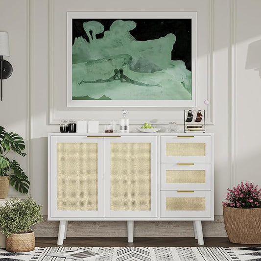 Gyger Rattan Kitchen Buffet Cabinet with 2 Doors 3 Shelves, Sideboard with Storage, Accent Cabinet for Kitchen, Dining Room, Hallway, Cupboard Console Table, White