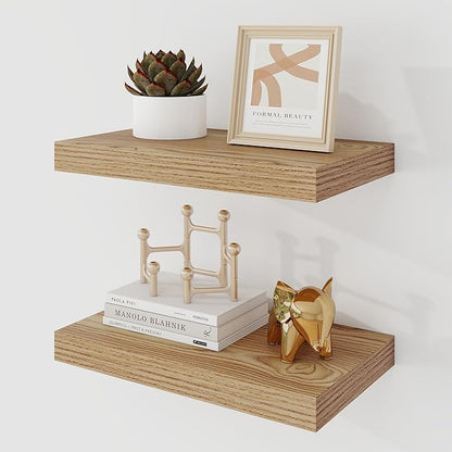 Acovy 16 Inch Floating Shelves, 9.3" Deep Floating Shelf Wall Mounted, 16" Wall Shelves, Rustic Deep Bookshelf, Large Display Shelves & Storage Shelves for Bedroom, Living Room, Light Brown, Set of 2