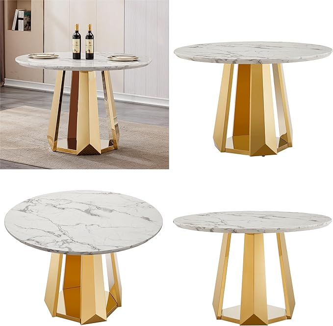47" Round Marble Dining Table for 4-6, Luxury Modern Kitchen Table with Marble Grain MDF Tabletop & Gold Mirrored Stainless Steel Pedestal Base, Grey Stone Dinner Table for Dining Room (Table Only)