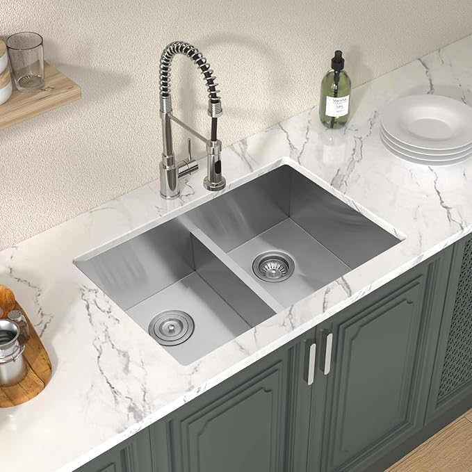 Lordear 28 Undermount Sink Double Bowl 28 Inch Kitchen Sink Undermount Low Divide Double Bowl 50/50 16 Gauge Stainless Steel Kitchen Sinks Handmade