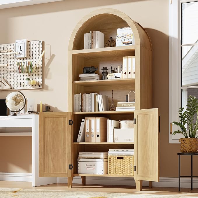 IDEALHOUSE Arched Kitchen Pantry Cabinet with Doors - 5-Tier Open Display Shelf with Nice Texture, Farmhouse Storage Cabinet for Kitchen, Dining Room, Living Room, Natural